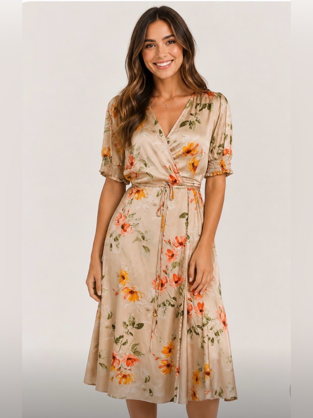Bohme floral midi silky wrap dress in nude tones - Small